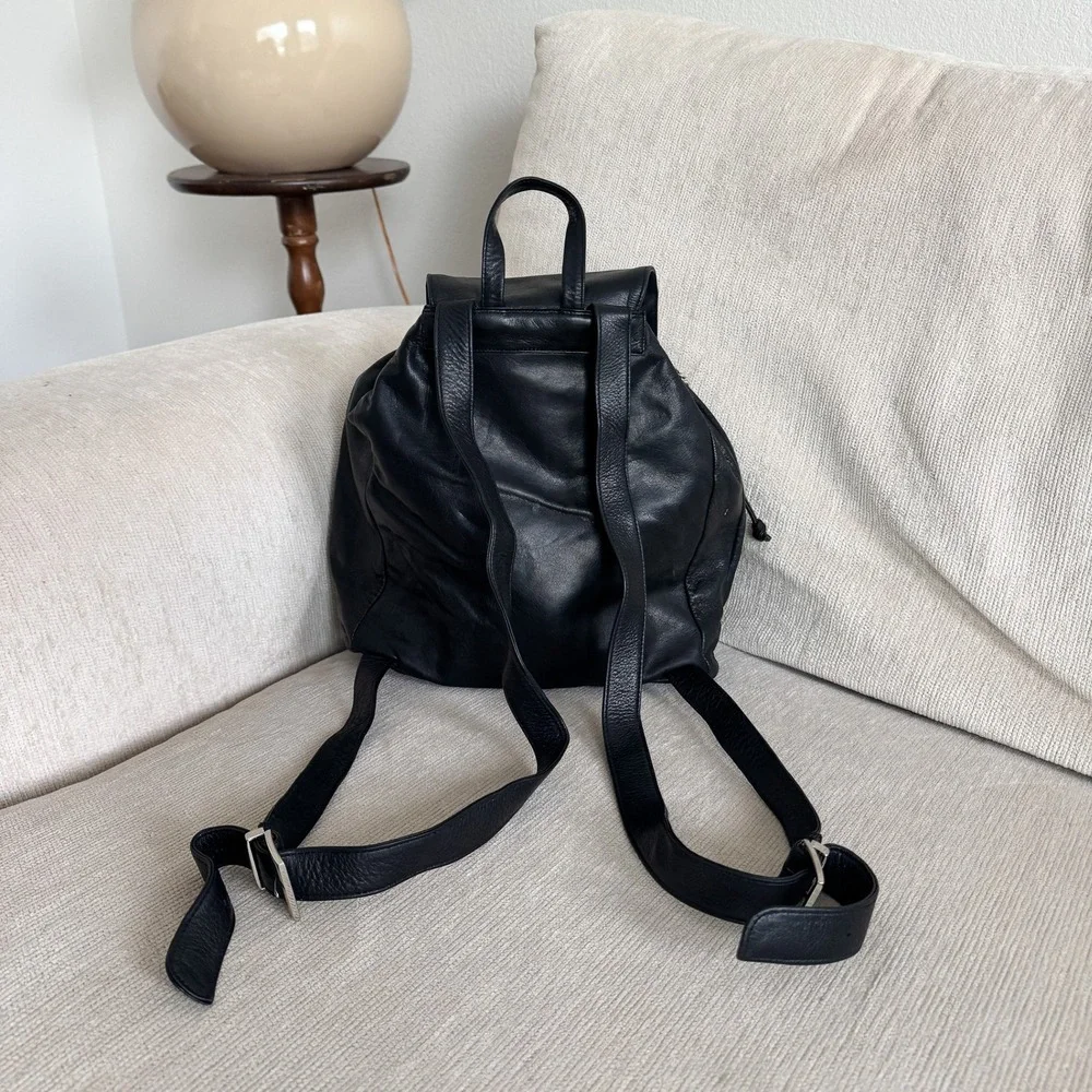 Perlina New York Black Leather Backpack Drawstring Flap Bag Vintage Style